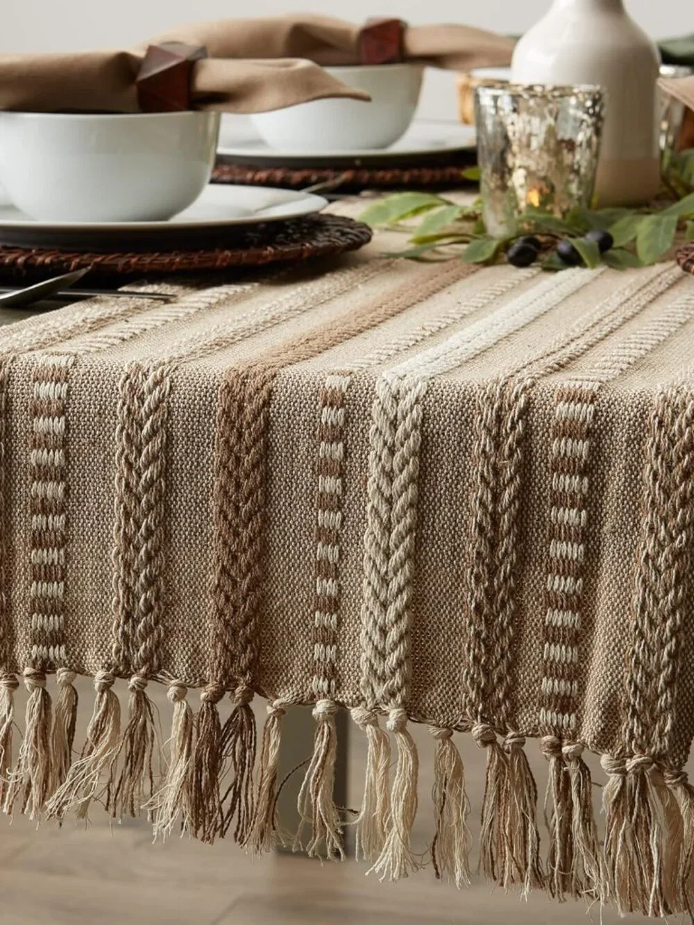 Farmhouse Braided Stripe Table Runner Collection, 15x72 15x77, Fringe Included, - Picture 2 of 11